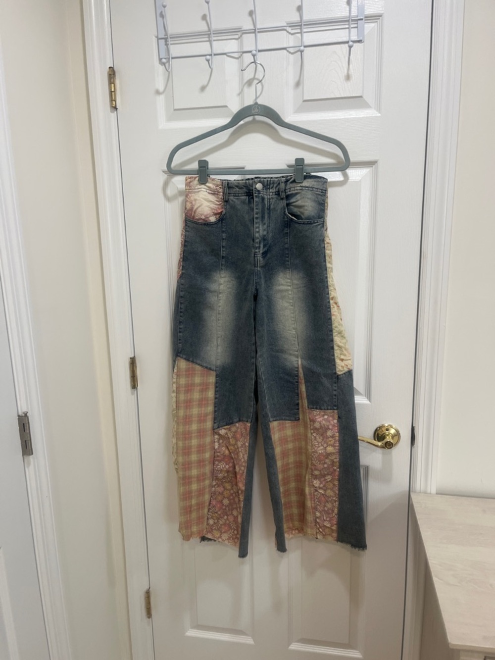 Patchwork Wide-Leg Jeans in Distressed Black with Pink & Cream Panels